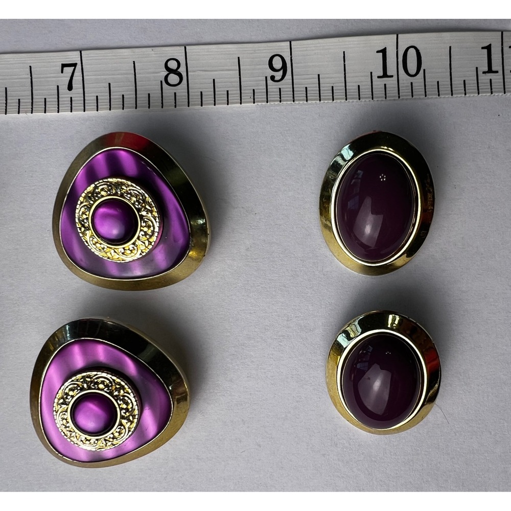 Set of 4 Vintage Clip On Earrings Purple Oval Beaded Cluster Designer Retro